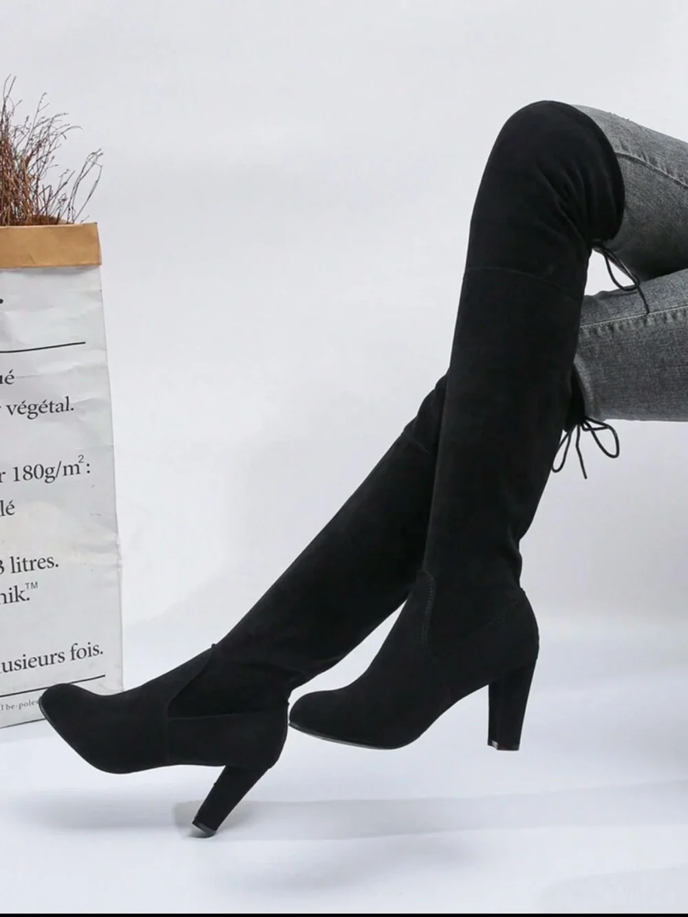 Over-the-Knee Black Suede Block Heel Boots